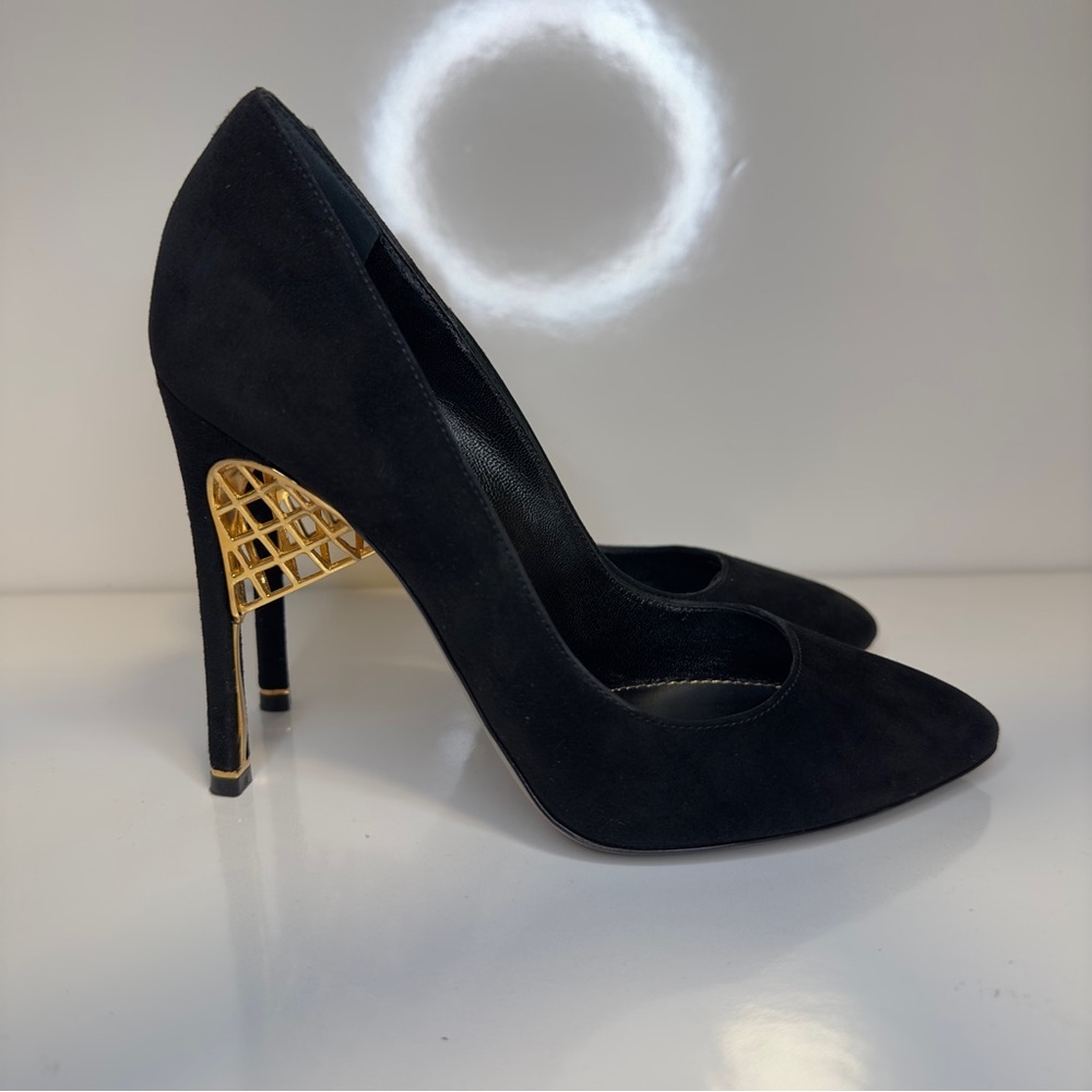 New! SERGIO ROSSI BLACK SUEDE WITH NET GOLDEN DETAIL HEELS SIZE 36 - Picture 5 of 12